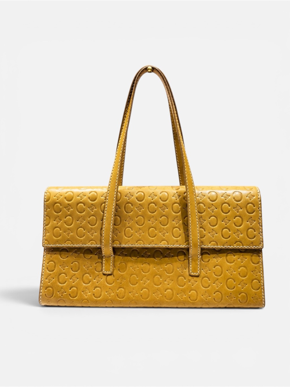 Celine Vintage Macadam Embossed Leather Shoulder Bag Mustard Yellow